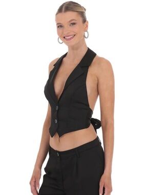 Black Halter Open Back Vest Satin Back Tie Size L